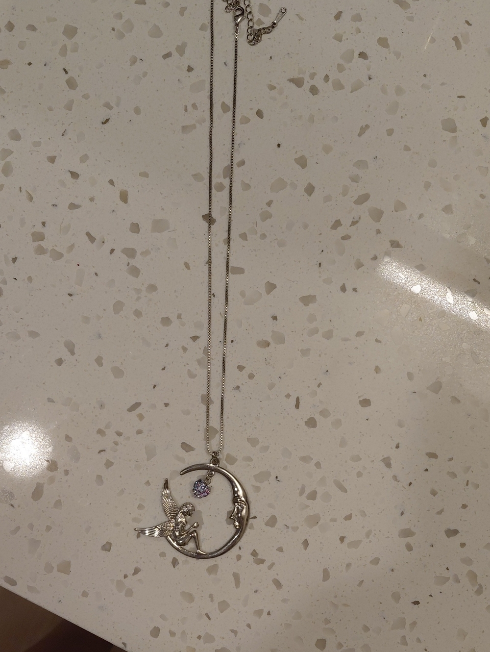 Silver Moon and Fairy Pendant Necklace with Purple Crystal